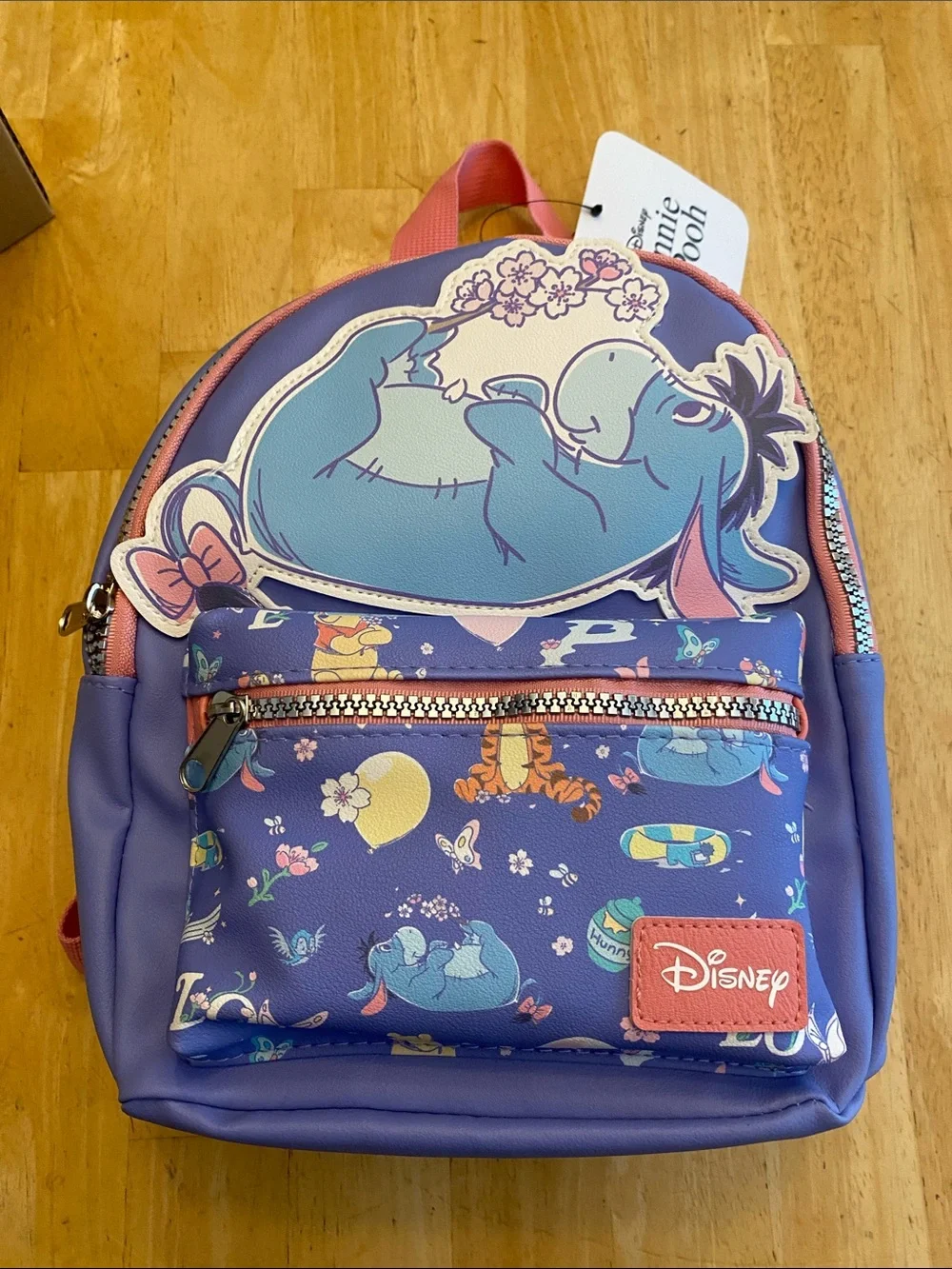 Disney Purple & Pink Eeyore Mini zippered Backpack w front pouch. NWT